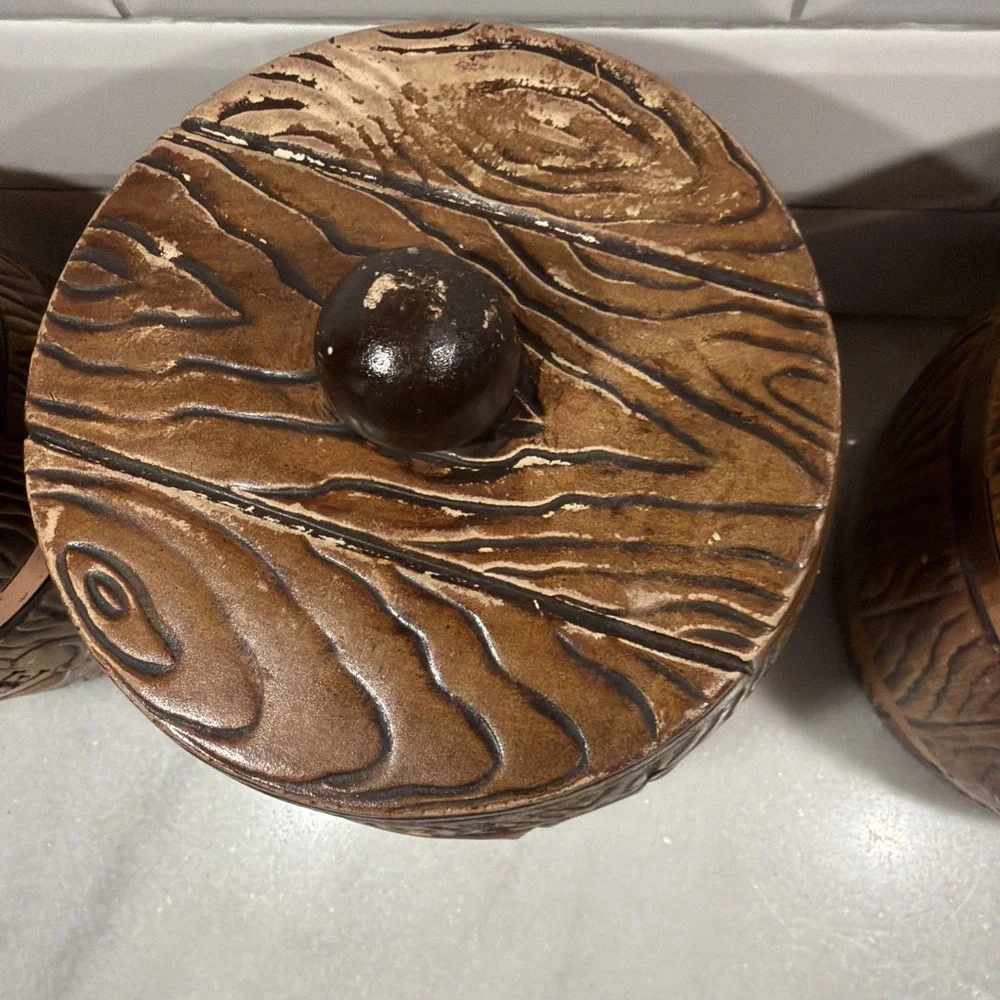 Set of 3 Vtg MCM Treasure Craft Ceramic Canister Barrel Flour Sugar Tea Coffee 9